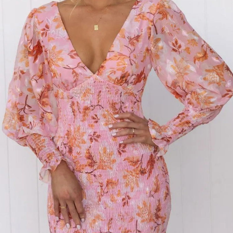 Women's Elegant Long Sleeve V-Neck Printed Ruffle Dresses