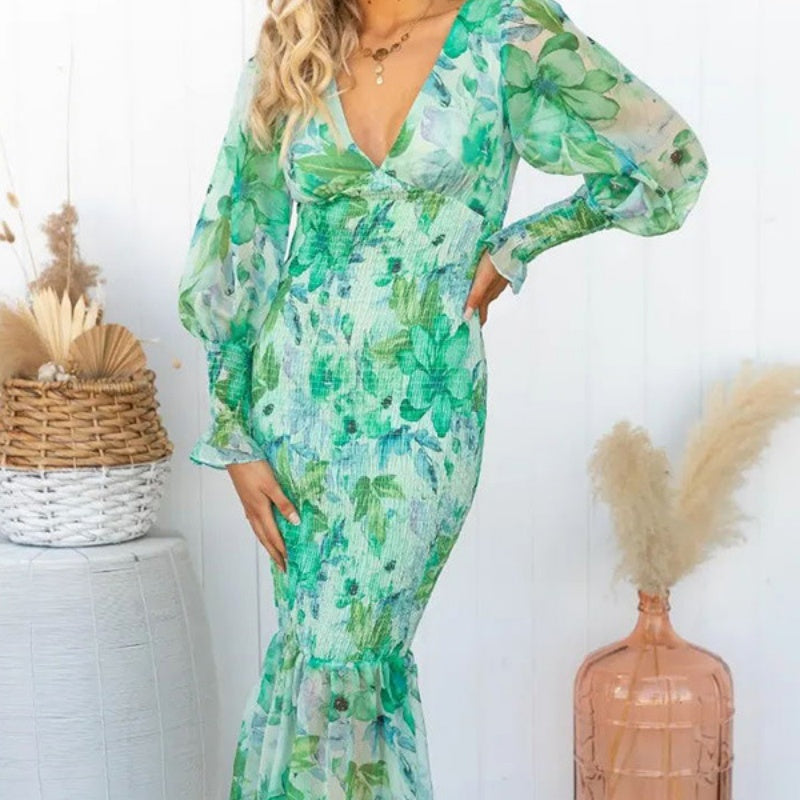 Women's Elegant Long Sleeve V-Neck Printed Ruffle Dresses