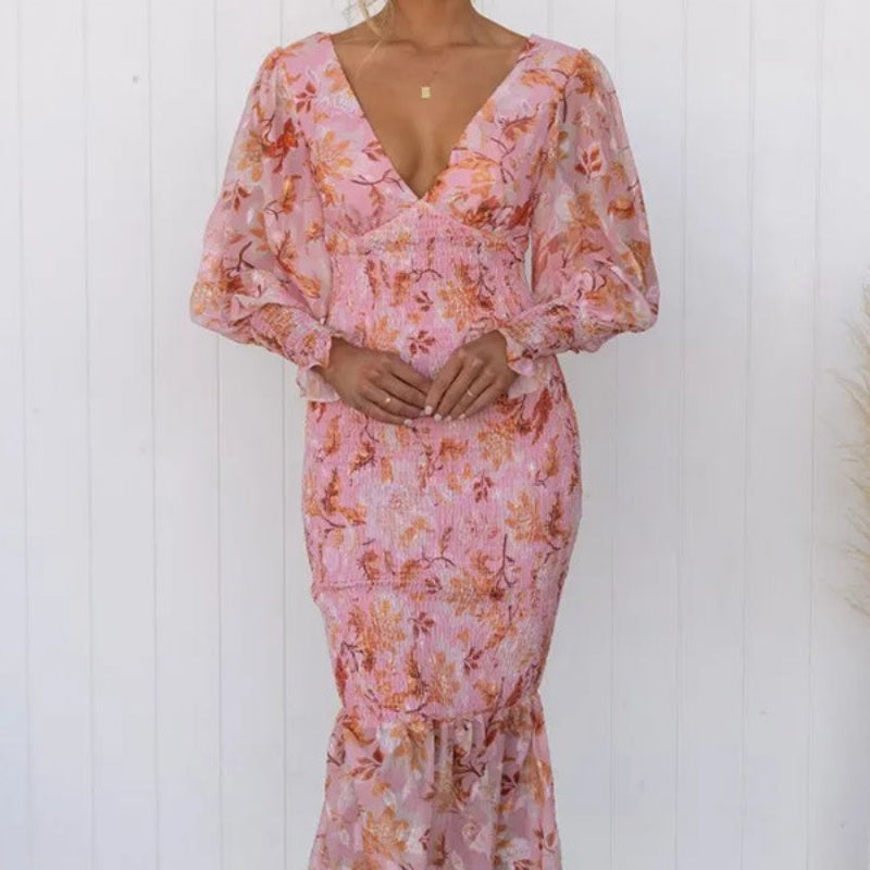 Women's Elegant Long Sleeve V-Neck Printed Ruffle Dresses