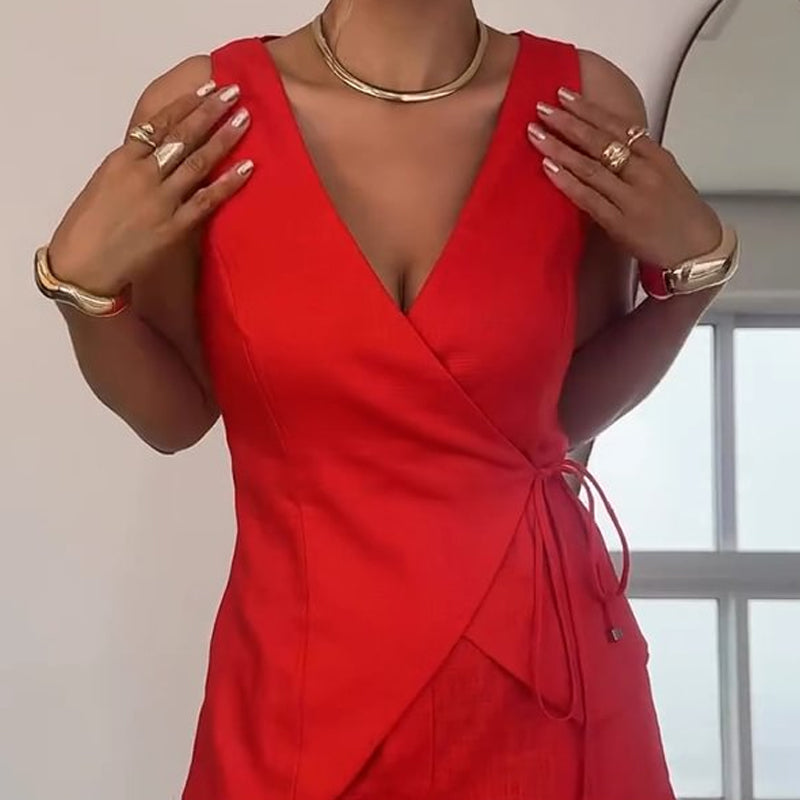 Women's Sleeveless Wrap-Style Top & High-Waisted Shorts