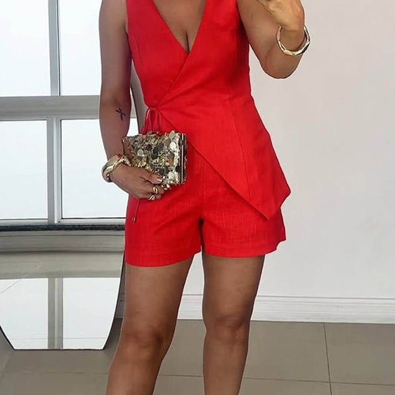 Women's Sleeveless Wrap-Style Top & High-Waisted Shorts