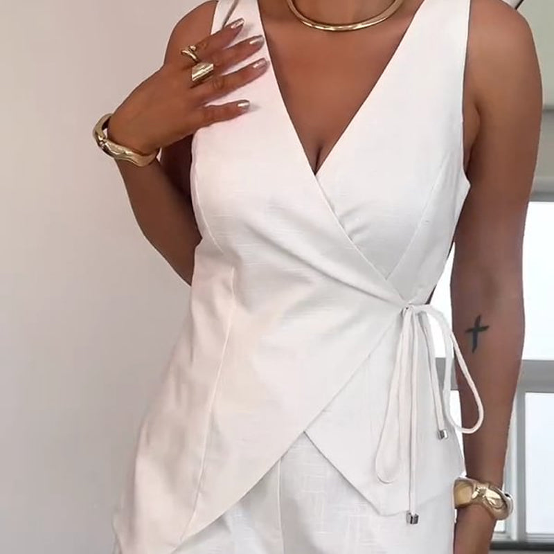 Women's Sleeveless Wrap-Style Top & High-Waisted Shorts