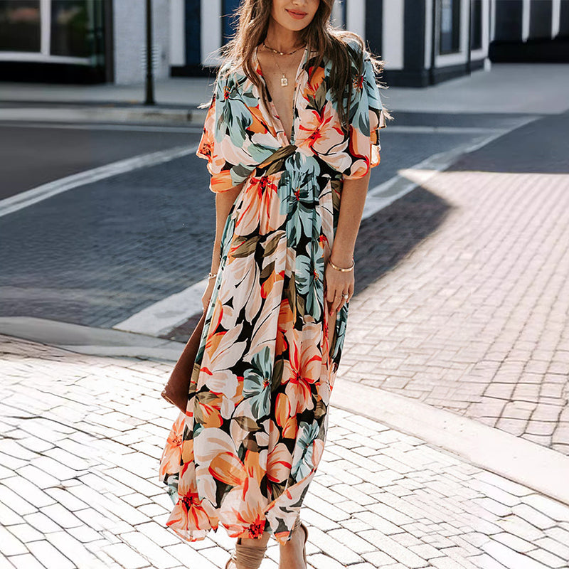 Summer Floral Printed Sexy Deep V-Neck High-Waist Split Dress for Women