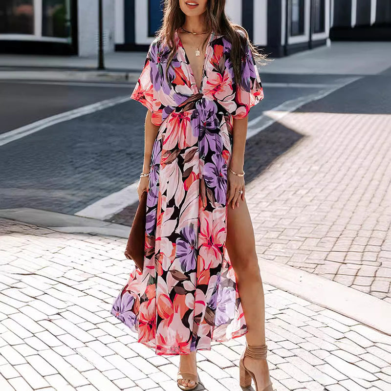 Summer Floral Printed Sexy Deep V-Neck High-Waist Split Dress for Women