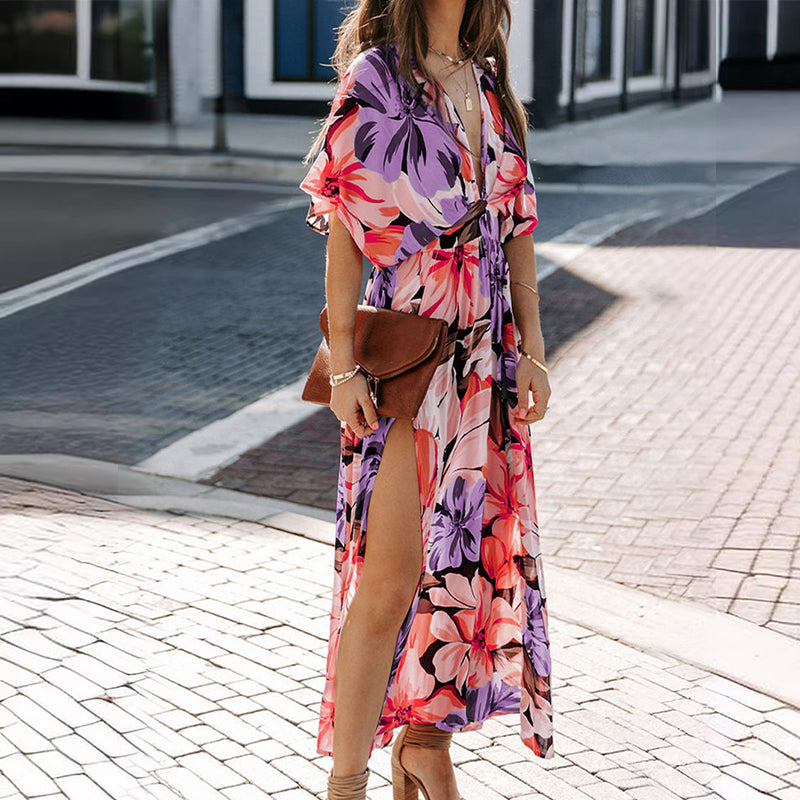 Summer Floral Printed Sexy Deep V-Neck High-Waist Split Dress for Women