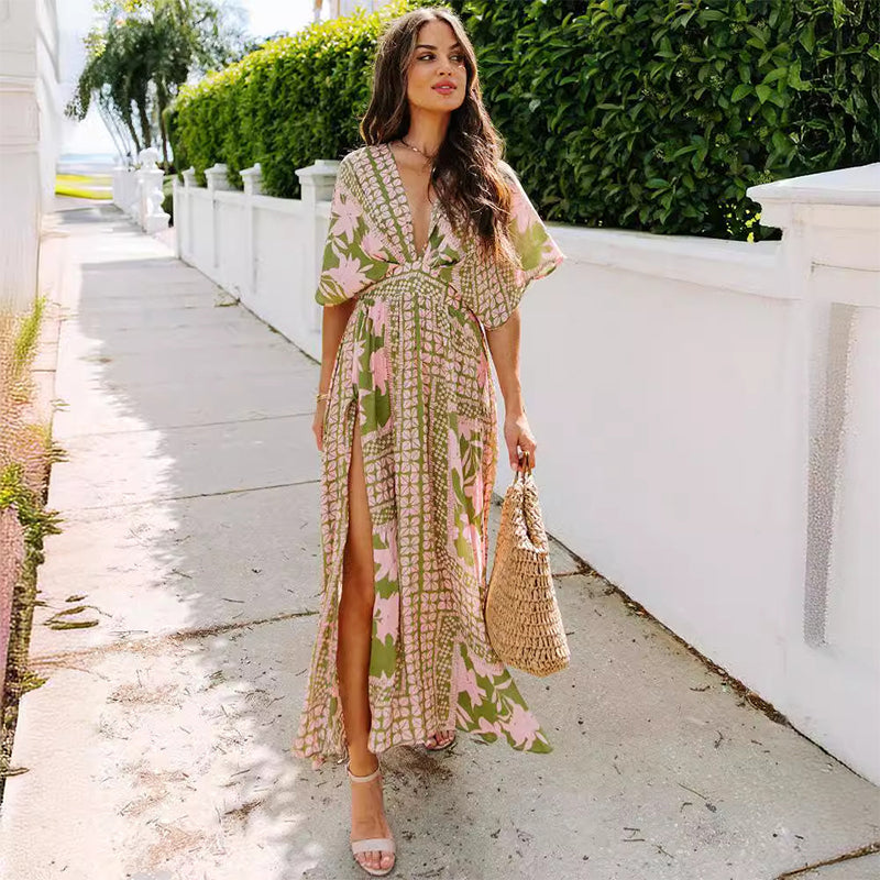 Summer Floral Printed Sexy Deep V-Neck High-Waist Split Dress for Women