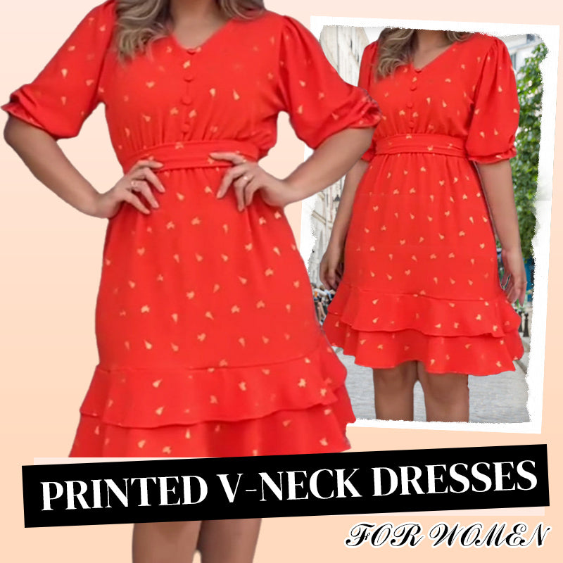 Women's Printed V-Neck Short Sleeve Button Waist Dresses