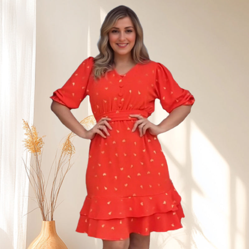 Women's Printed V-Neck Short Sleeve Button Waist Dresses