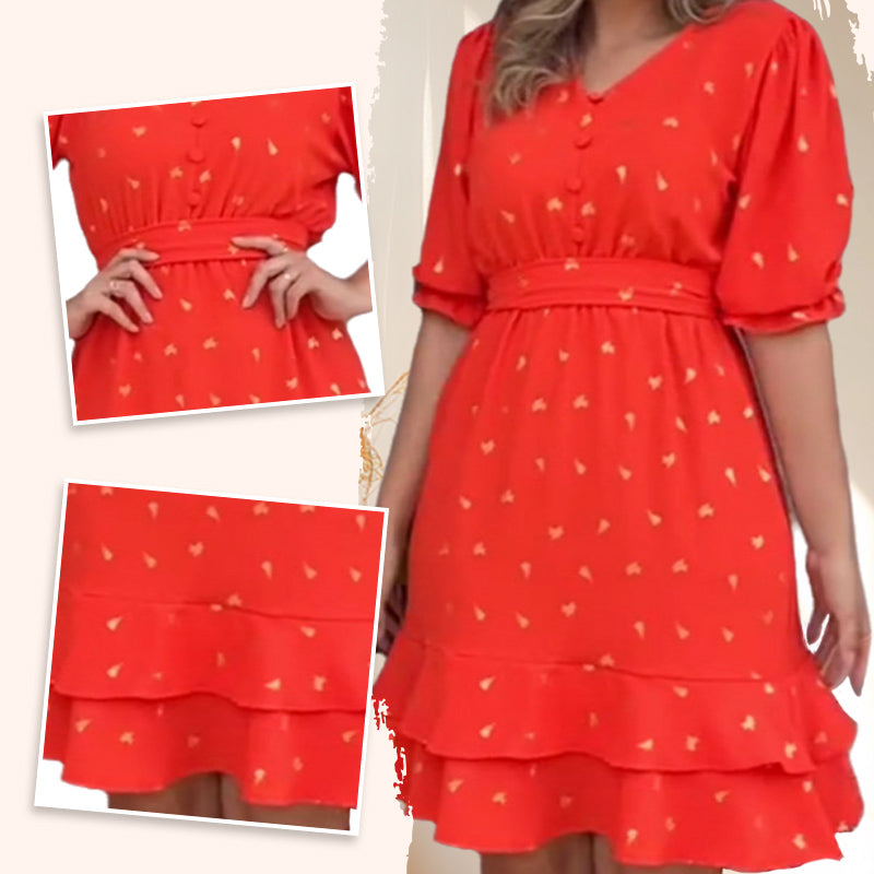 Women's Printed V-Neck Short Sleeve Button Waist Dresses