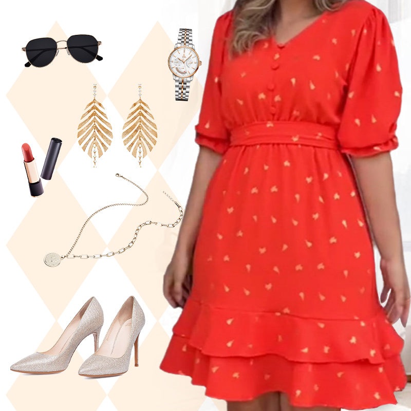 Women's Printed V-Neck Short Sleeve Button Waist Dresses