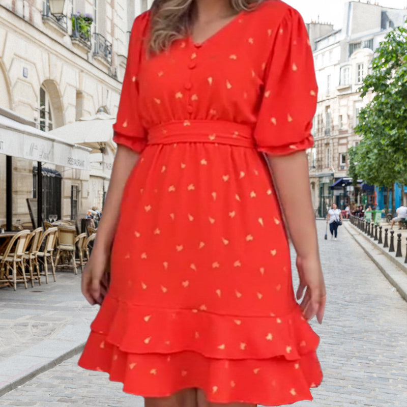 Women's Printed V-Neck Short Sleeve Button Waist Dresses