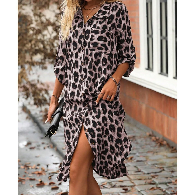 Women's Leopard Button Front Rolled Sleeve Midi Dresses
