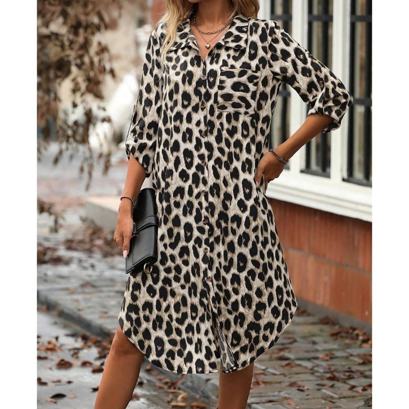 Women's Leopard Button Front Rolled Sleeve Midi Dresses