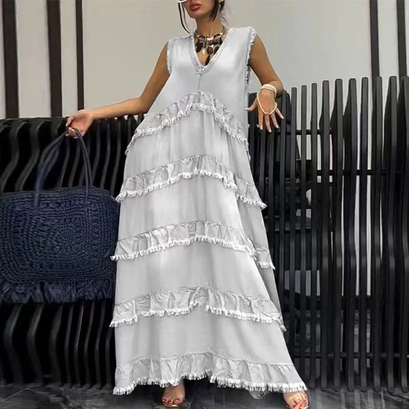 Fashion V-Neck Sleeveless Layered Ruffled Dress