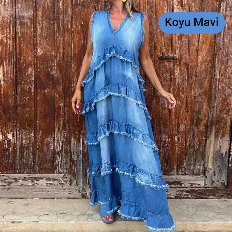 Fashion V-Neck Sleeveless Layered Ruffled Dress