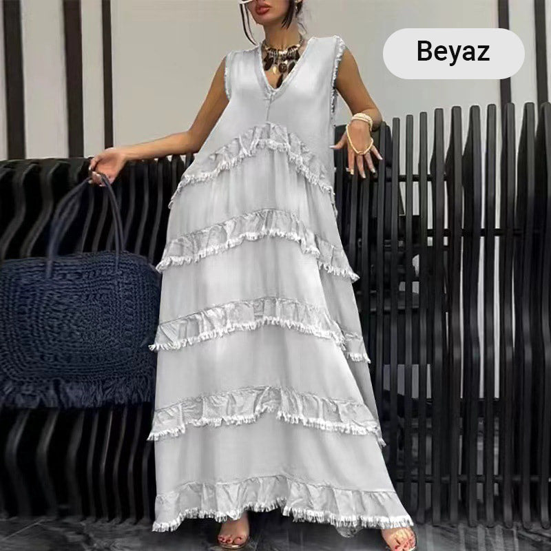 Fashion V-Neck Sleeveless Layered Ruffled Dress