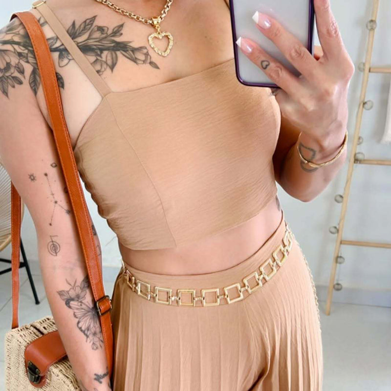 Fashion Spaghetti Straps & Pleated Loose Wide Leg Pants Two Piece Set