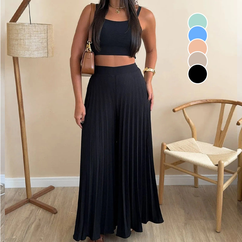 Fashion Spaghetti Straps & Pleated Loose Wide Leg Pants Two Piece Set