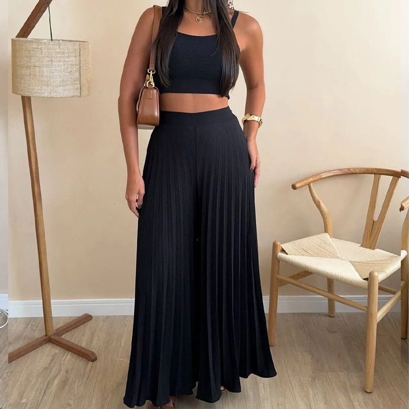 Fashion Spaghetti Straps & Pleated Loose Wide Leg Pants Two Piece Set
