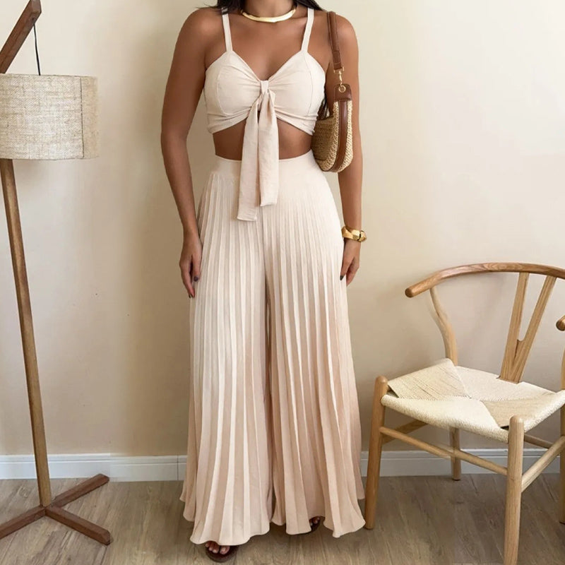 Fashion Spaghetti Straps & Pleated Loose Wide Leg Pants Two Piece Set