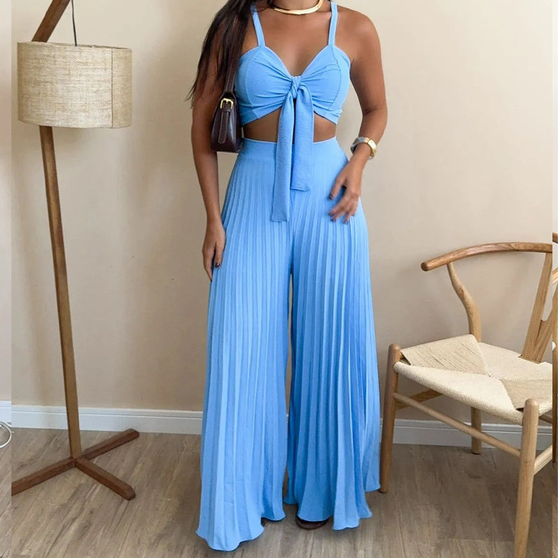 Fashion Spaghetti Straps & Pleated Loose Wide Leg Pants Two Piece Set