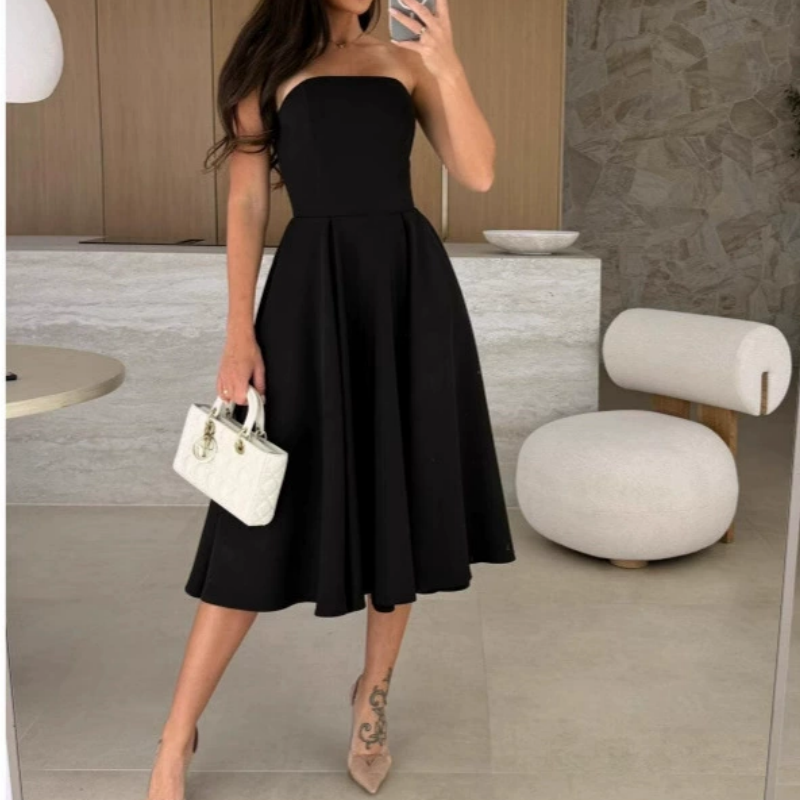 🔥Elegant Solid 😍Color Strapless Midi Dress