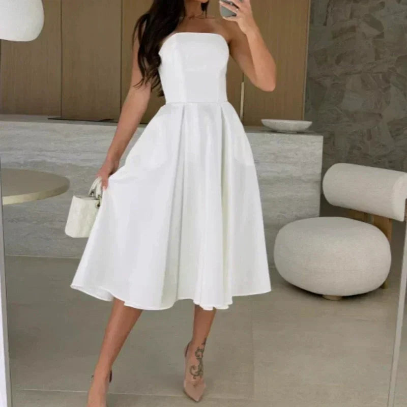 🔥Elegant Solid 😍Color Strapless Midi Dress