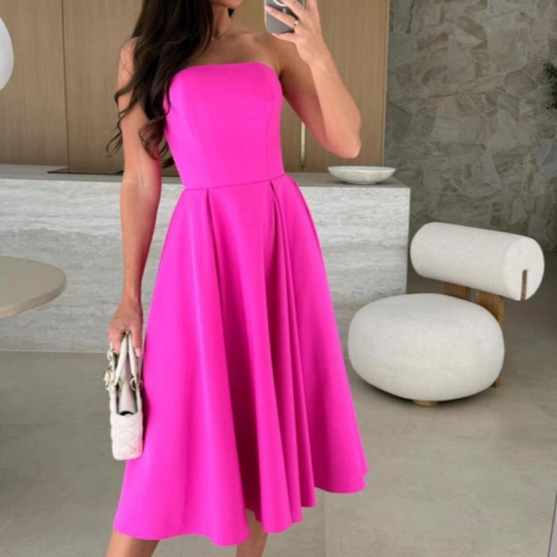 🔥Elegant Solid 😍Color Strapless Midi Dress