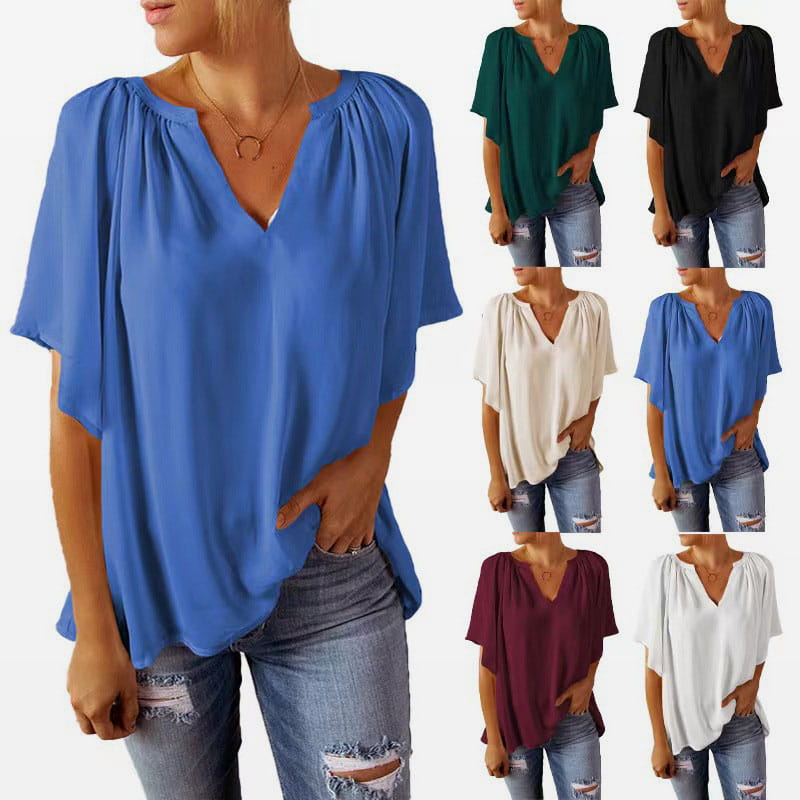 Women's Solid Color Summer Top with Batwing Sleeves and V-Neck