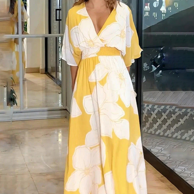 Women's Printed Backless Loose Flowing Beach Dress