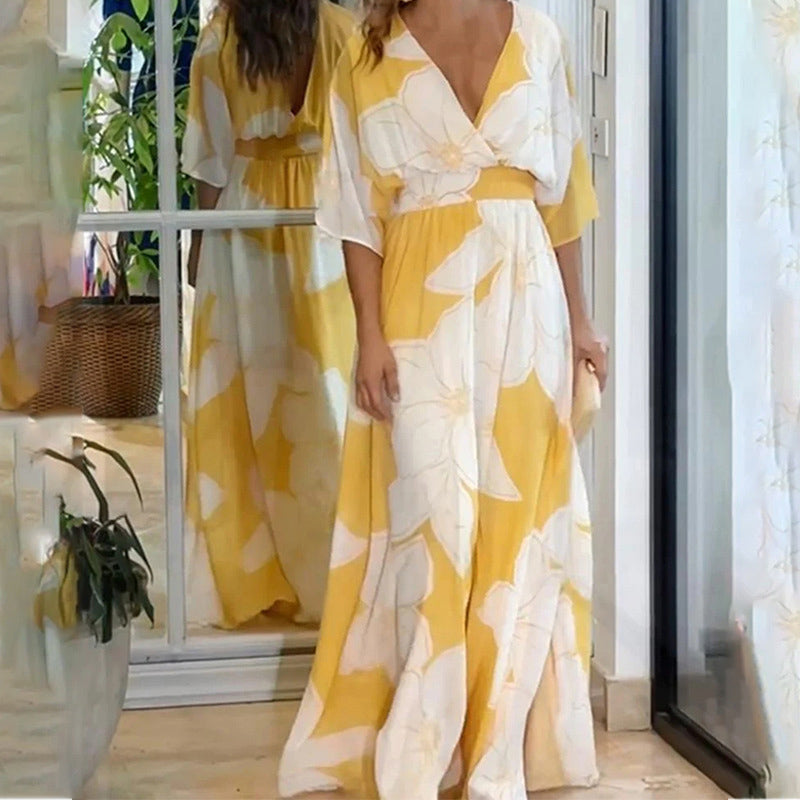 Women's Printed Backless Loose Flowing Beach Dress