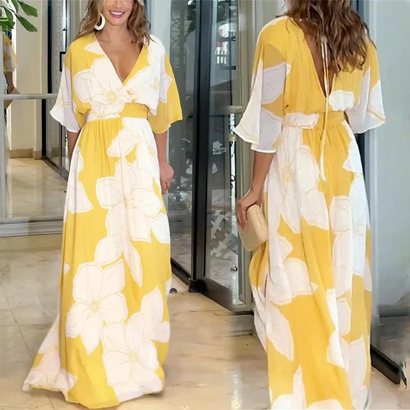 Women's Printed Backless Loose Flowing Beach Dress