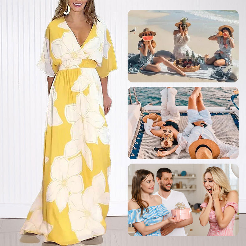 Women's Printed Backless Loose Flowing Beach Dress