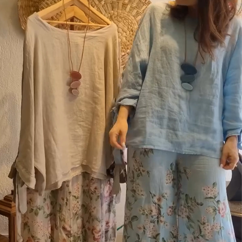 Women's Loose Fit Blouse & Floral Printed Wide-Leg Pants Set