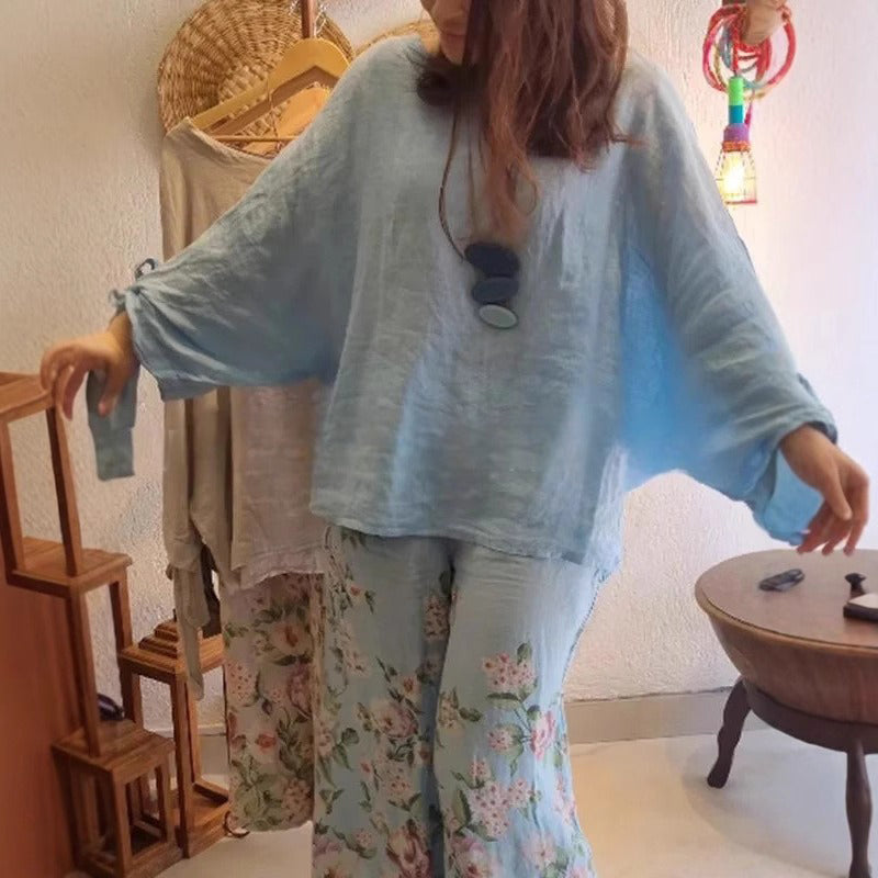 Women's Loose Fit Blouse & Floral Printed Wide-Leg Pants Set