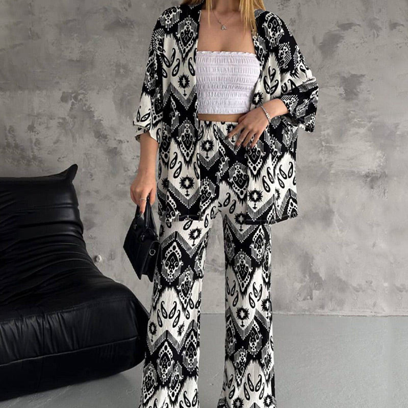 Printed Mid-Sleeve Cardigan & Trendy Wide-Leg Trousers Two-Piece Set