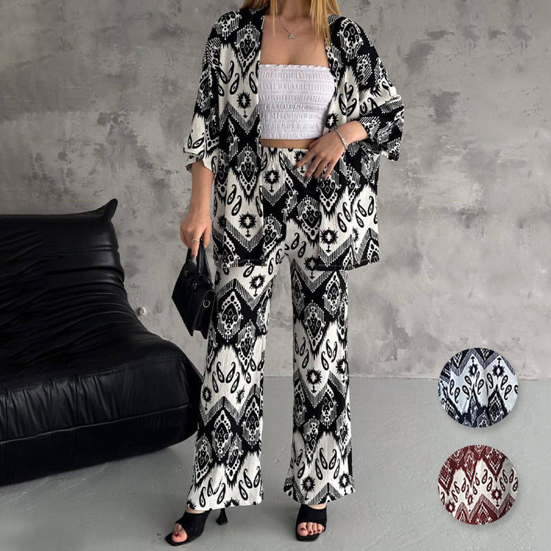 Printed Mid-Sleeve Cardigan & Trendy Wide-Leg Trousers Two-Piece Set