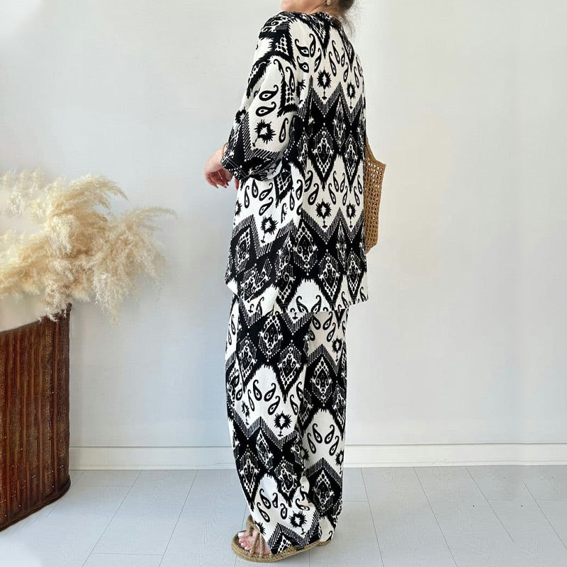 Printed Mid-Sleeve Cardigan & Trendy Wide-Leg Trousers Two-Piece Set