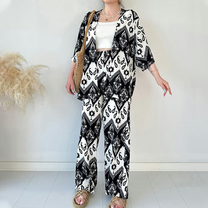 Printed Mid-Sleeve Cardigan & Trendy Wide-Leg Trousers Two-Piece Set