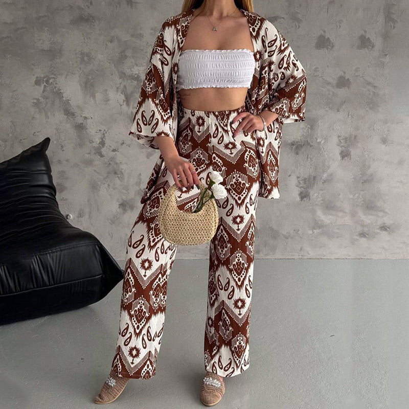 Printed Mid-Sleeve Cardigan & Trendy Wide-Leg Trousers Two-Piece Set