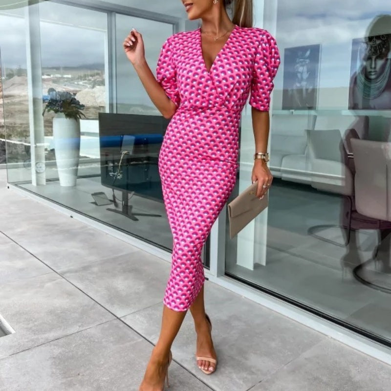Women's Fashion Printed Bubble Sleeve V-Neck Short Sleeve Waist Dresses