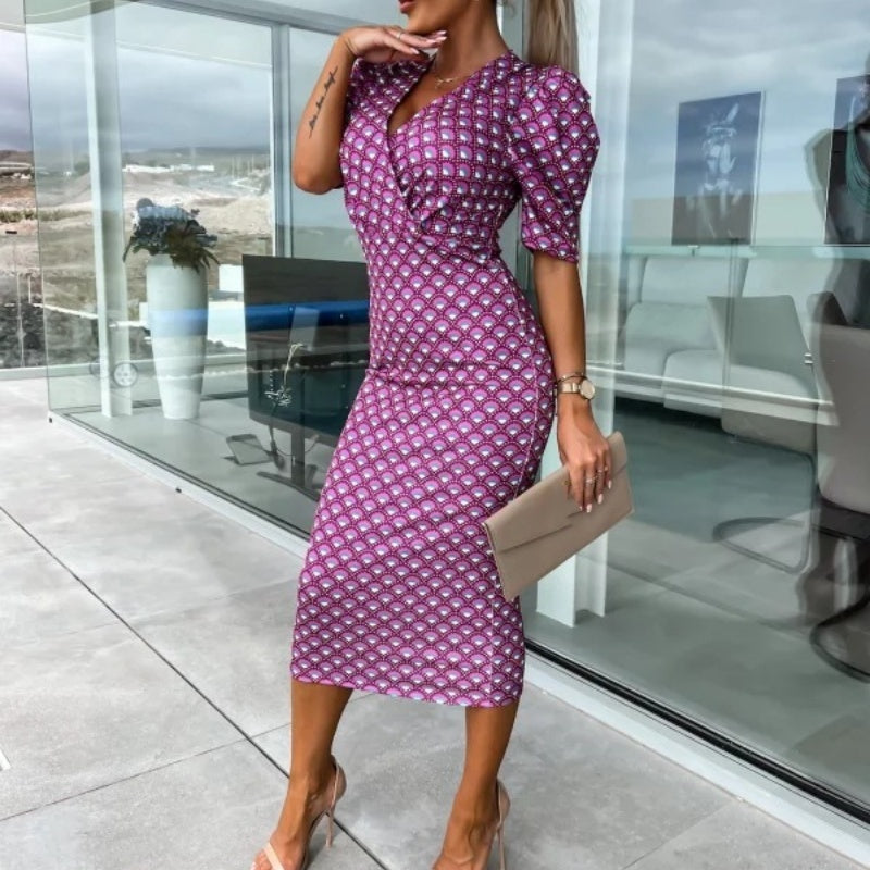 Women's Fashion Printed Bubble Sleeve V-Neck Short Sleeve Waist Dresses