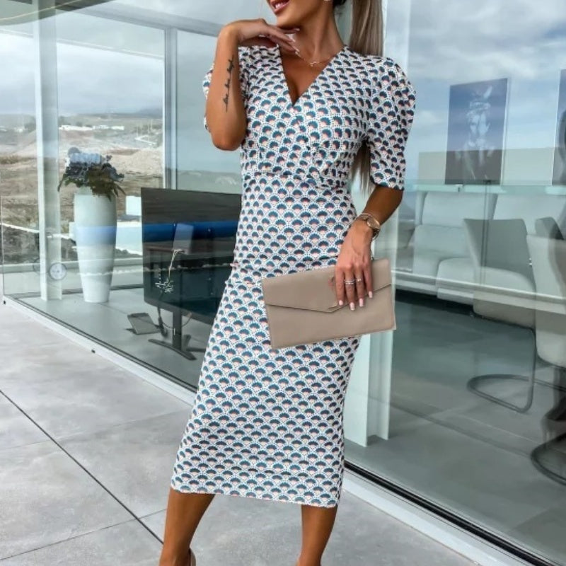 Women's Fashion Printed Bubble Sleeve V-Neck Short Sleeve Waist Dresses