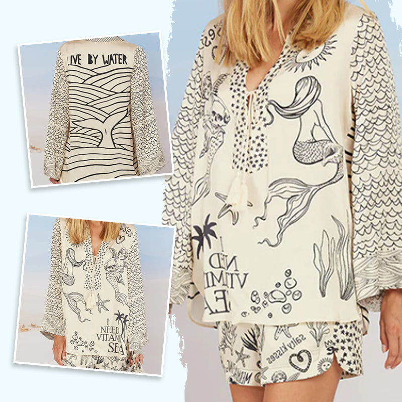 ๐2025 HOT SALE 50% OFF๐ Satin Unique Letter Print Tassle Shirt and Elastic Waist Shorts Set