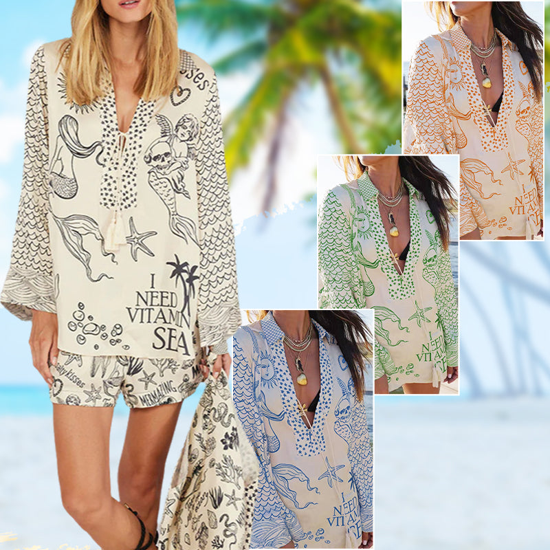 ๐2025 HOT SALE 50% OFF๐ Satin Unique Letter Print Tassle Shirt and Elastic Waist Shorts Set