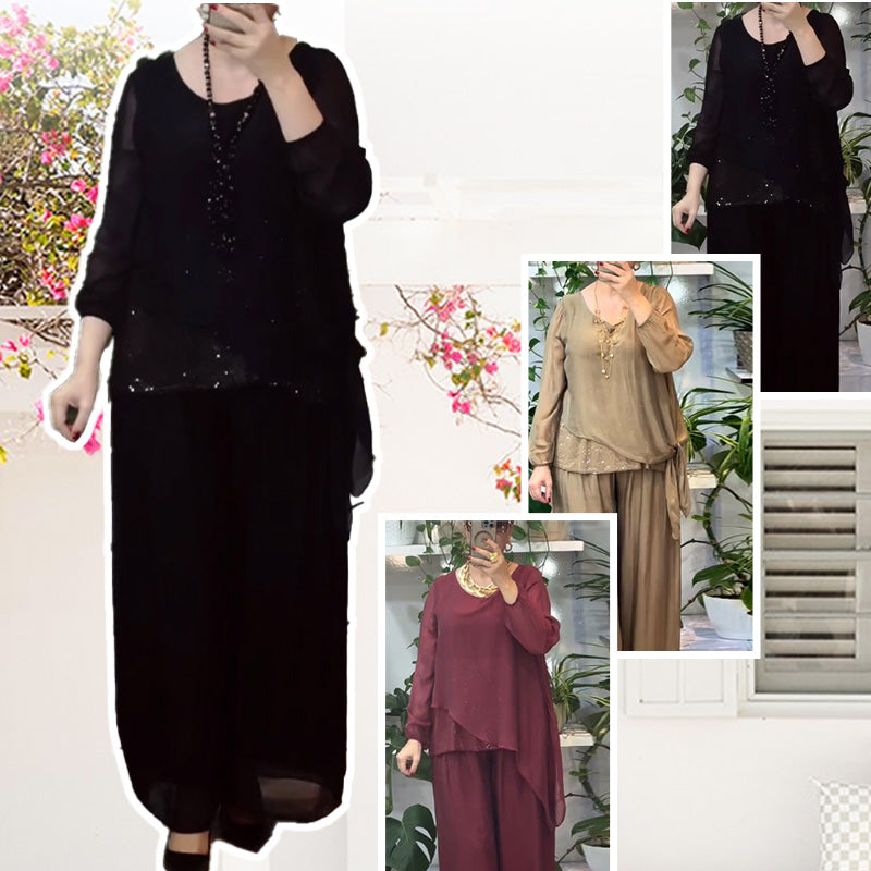 Women’s 2-Piece Sequin Blouse & Wide Leg Pants Set
