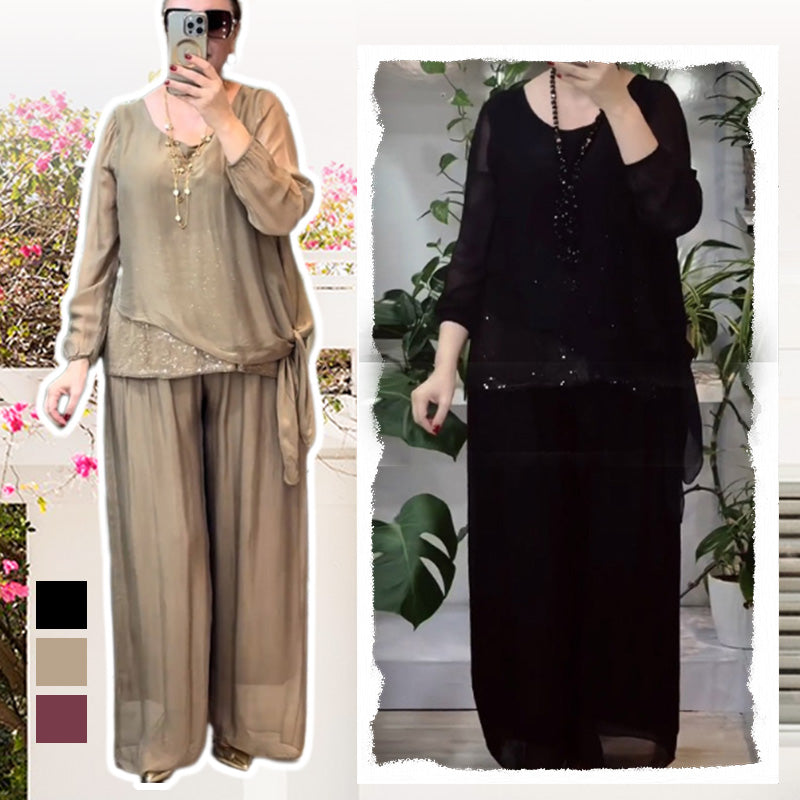 Women’s 2-Piece Sequin Blouse & Wide Leg Pants Set
