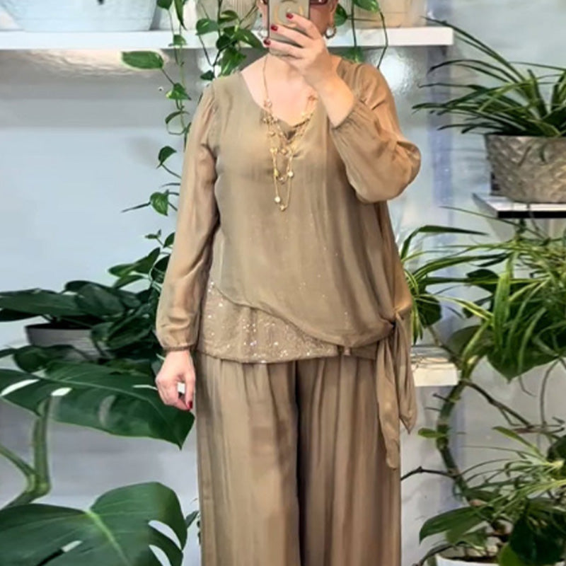 Women’s 2-Piece Sequin Blouse & Wide Leg Pants Set