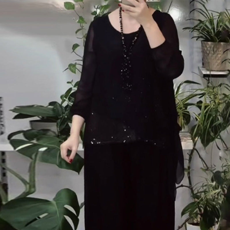 Women’s 2-Piece Sequin Blouse & Wide Leg Pants Set