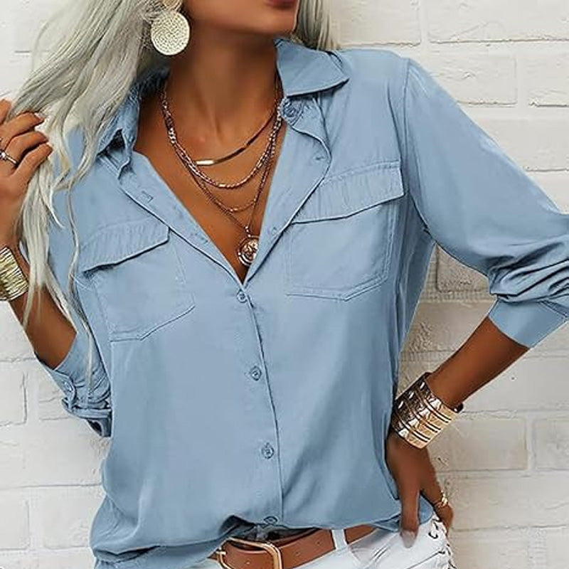 Women's Solid Lapel Long Sleeves Button-Down Shirt